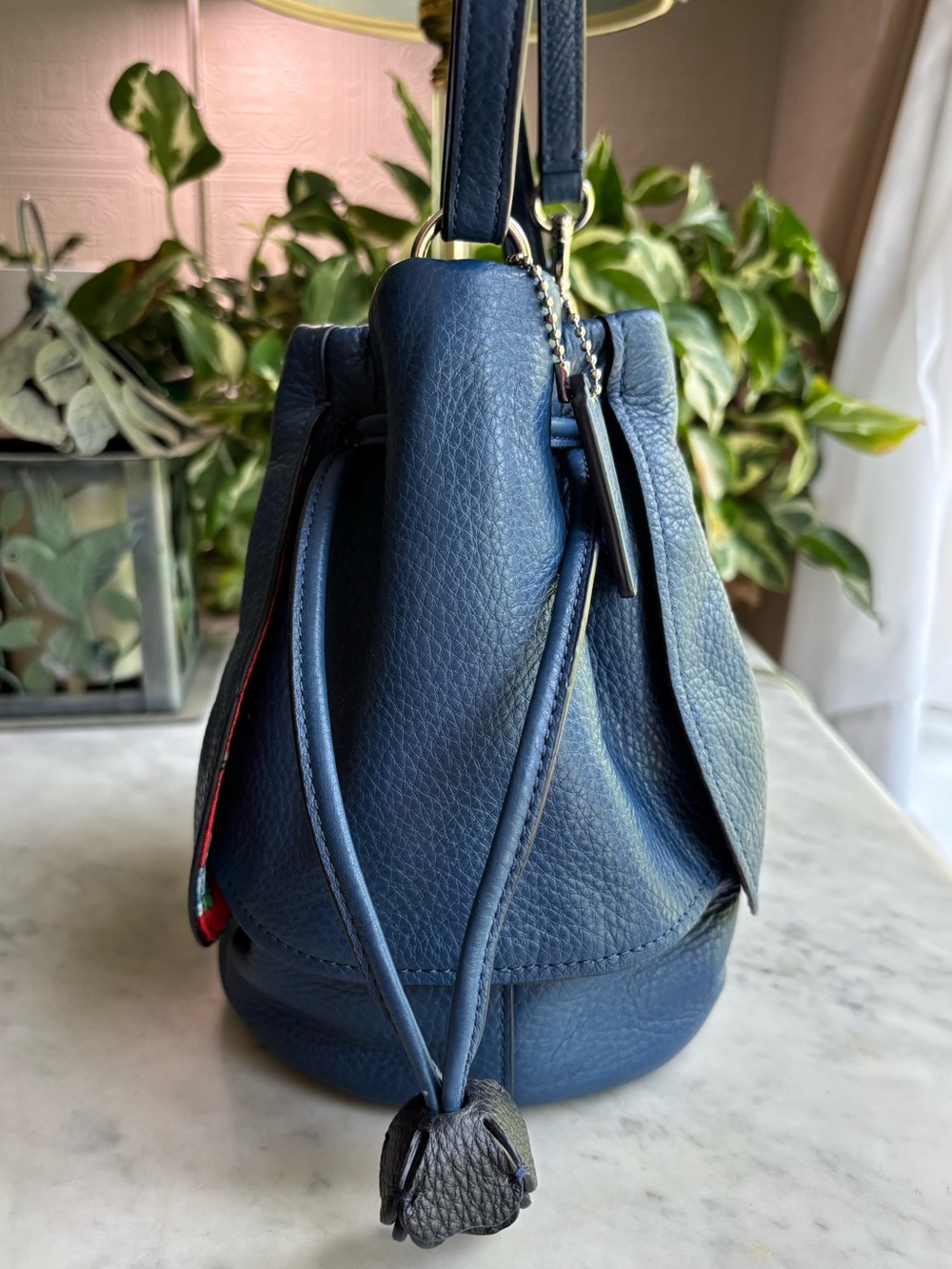 COACH Pebbled Leather Blue Drawstring Petal Bag with Matching Bag Charm - Picture 5 of 13